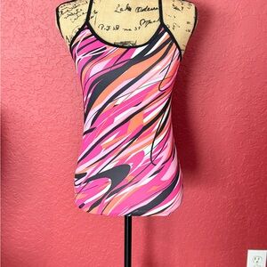 Gym top with bra lining, pink, orange, black & white, polyester & spandex, small